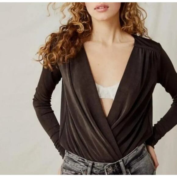 NWOT Free People | Chocolate Brown Deep V-Neck Turnt Thong Bodysuit | Size S - Picture 1 of 10